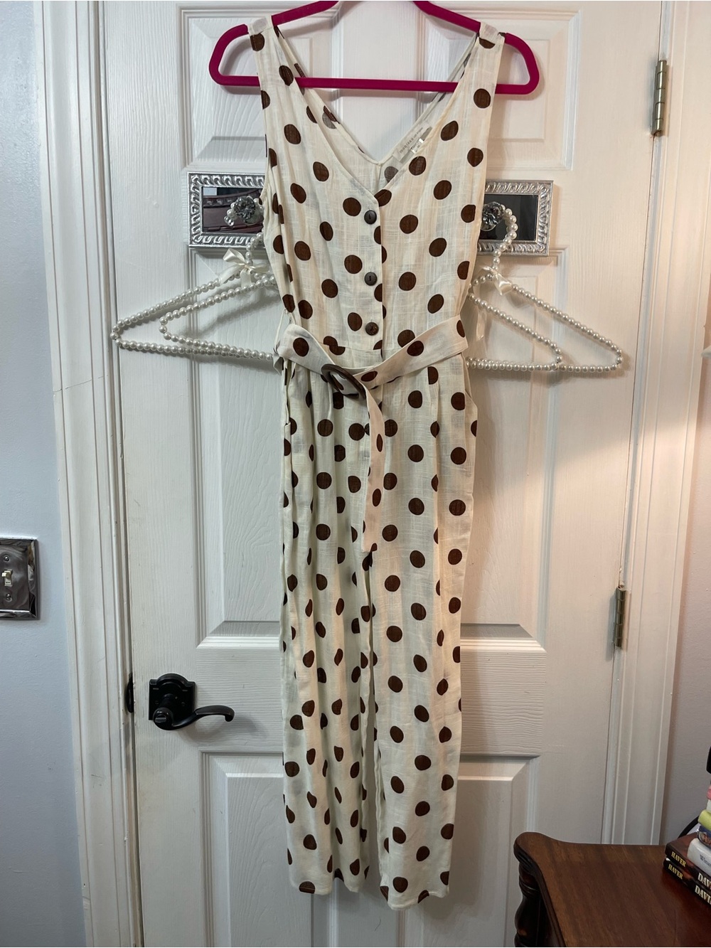 Monteau Cream Jumpsuit with Brown Polka Dots